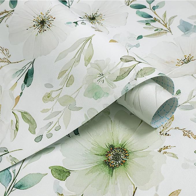 Nukofal Green Floral Peel and Stick Wallpaper for Bathroom 16.9inx118.1in | Floral Contact Paper Watercolor Flower Wallpaper Modern Green Self Adhesive Removable Wall Paper for Cabinet Decor Vinyl - Image 6