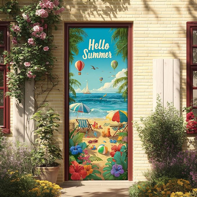 HOMETITUTE Hello Summer Beach Balloon Palm Peel Stick Door 30.3x78.7 PVC | Wall Cover Poster Decals Removable Wallpaper Self Adhesive Livingroom Bedroom - Summer Beach by HOMETITUTE