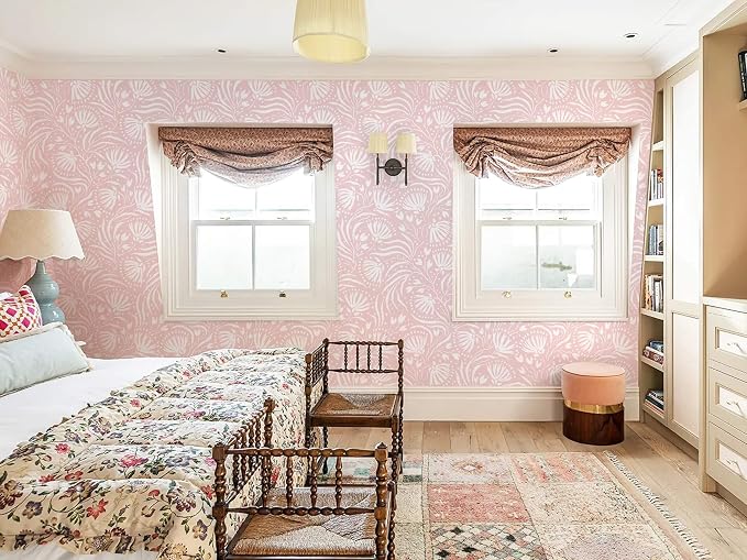 Ismoon Boho Peel and Stick Wallpaper Pink Floral Contact Paper Boho Stick on Wall Paper Textured Removable Self Adhesive Vinyl Wallpaper for Bedroom Bahtroom Wall Decor 17.3x196in - Image 8