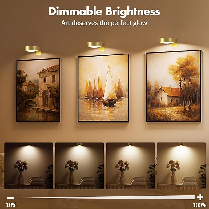 Picture Lights for Wall, Wireless Poster Lights Battery Operated, Gold | LED Magnetic Painting Light with Remote Dimmable, Timer＆3 Lighting Modes, Wall Decor Puck Light for Frame Art Display, 6 Pack - Image 3
