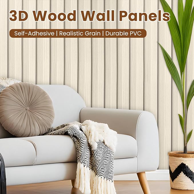 Thick Peel and Stick Slat Wall Panel Self-Adhesive 3D Wood Grain White | Wallpaper Sticker Soundproof Moisture Resistant for Wall Ceiling (118"x15.75") - Image 2