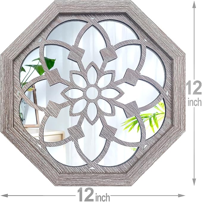 ZOLAPI 2 PCS Octagon Wall-Mounted Mirrors,Vintage Farmhouse Mirror for Wall Decor,Barn Wood Color Decorative Accent Mirror for Foyer, Bathroom, Bedroom. (12”x12”) - Image 7