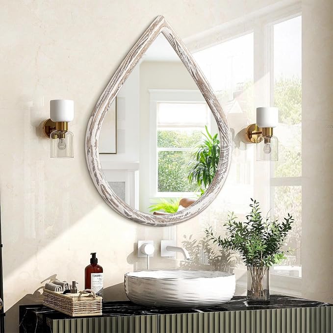 Farmhouse Wall Hanging Mirror Drop Shaped Mirror with Wood Framed Wall Mirror Vintage Decor for Bedroom Living Room Bathroom Entryway - Image 2