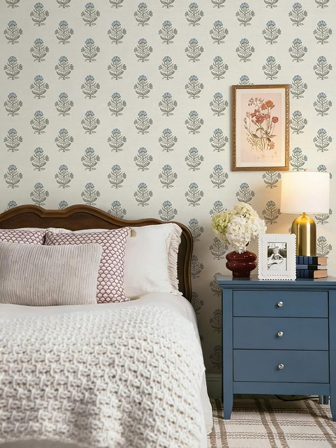 Heroad Blue Floral Wallpaper Cottage Peel and Stick Wallpaper Faux Linen Texture Contact Paper for Cabinets Removable Self-Adhesive Wall Paper for Bedroom Kitchen Renter Friendly Vinyl 17.3''x78.7'' - Image 7