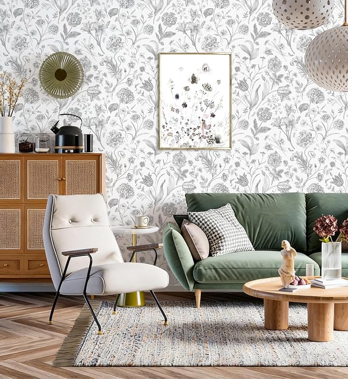 White Grey Vintage Floral Peel and Stick Wallpaper 17in x 197in | Floral Wallpaper Boho Removable Contact Paper Botanical Self Adhesive Decor Flower Wall Paper for Cabinets Bathroom - Image 6