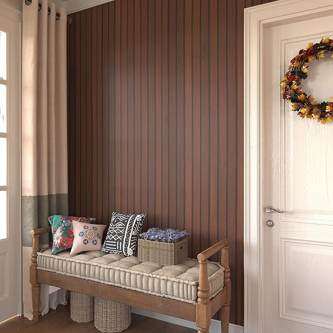 VEELIKE Dark Walnut Wood Slat Wallpaper Peel and Stick Wood Grain Panel Wallpaper for Bedroom Bathroom Accent Walls 24''x354'' Wide Self Adhesive Wooden Slat Vinyl Wall Covering for Kitchen Home Decor - Image 4