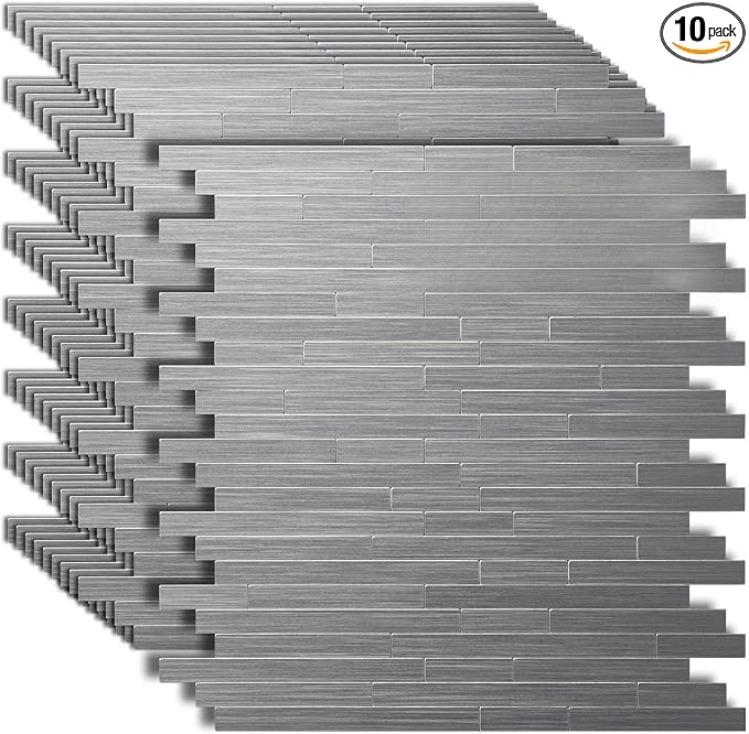 Art3d 10-Pack Metal Peel and Stick Backsplash Tile, Silver Parallel | 12" x 12", Stainless Steel, Self Adhesive, Anti-Corrosion, Waterproof, Lightweight, Ideal for Kitchens, Bathrooms by Art3d