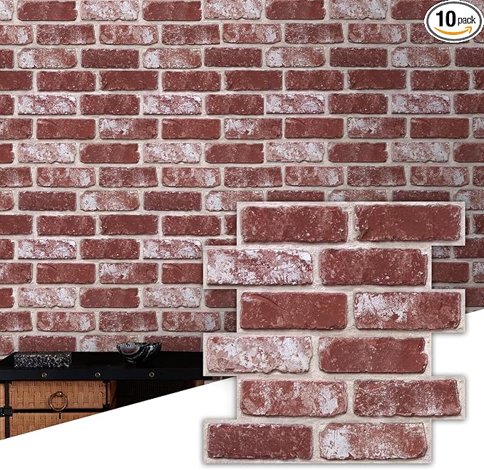 Commomy Faux Brick Wall Panels Peel and Stick Thin PVC 10 Pcs 11.8" x 11.8" | Small Size Thin PVC Quick Wall Covering Home Decor for Kitchen,Fireplace,Home Office (Covers 9.7 sq.ft) by CommomyDecor