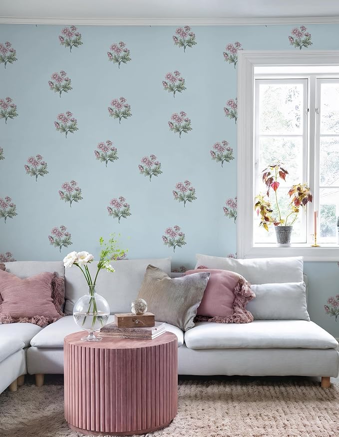 Toduso Peel and Stick Wallpaper Blue Wallpaper with Pink Floral Vintage Contact Paper Flower Removable Self Adhesive Waterproof Wall Paper for Farmhouse Bedroom Bathroom Living Room 17.3''x196.8'' - Image 8