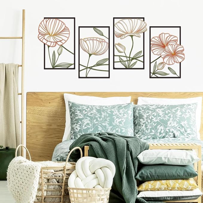 ESTART 4Pcs Metal Lotus Wall Decor Abstract Floral Line Art Sculpture | Minimalist Wall Decor for Bedroom Flowers Hanging Wall Sculpture for Living Room Kitchen Office and Yoga Room(Colourful) - Image 5
