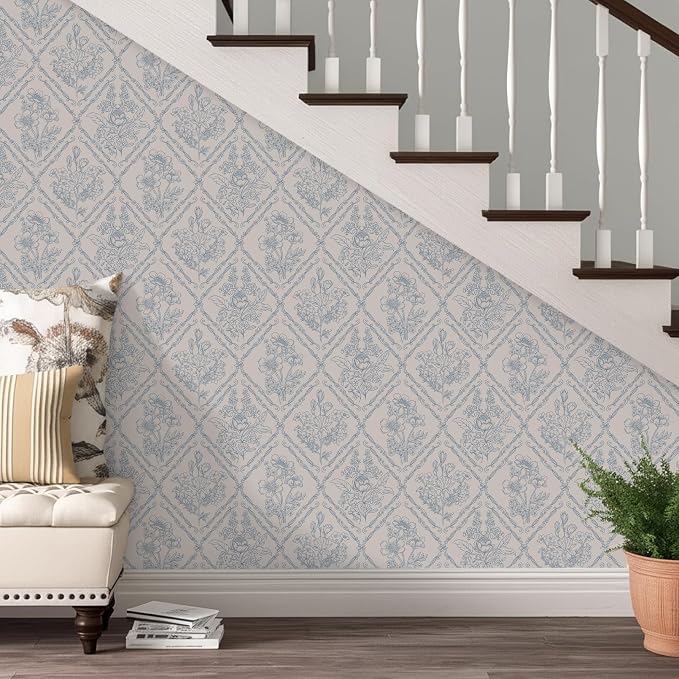 Toduso Peel and Stick Wallpaper Vintage Wall Paper Boho Contact Paper Blue Removable Wallpaper for Kitchen Bathroom Bedroom Floral Waterproof Self Adhesive Vinyl Drawer Decor 17.3"x78.7" - Image 4