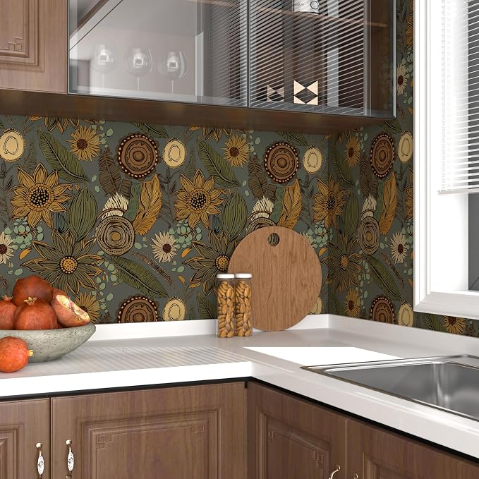 Laatse Boho Wallpaper Peel and Stick 17.5"x393", Green Yellow Contact Paper | Self Adhesive/Removable/Waterproof/Thick Vinyl Wall Paper for Bathroom Bedroom Shelf Cabinet Drawer,Prepasted,Easy Peel - Image 5
