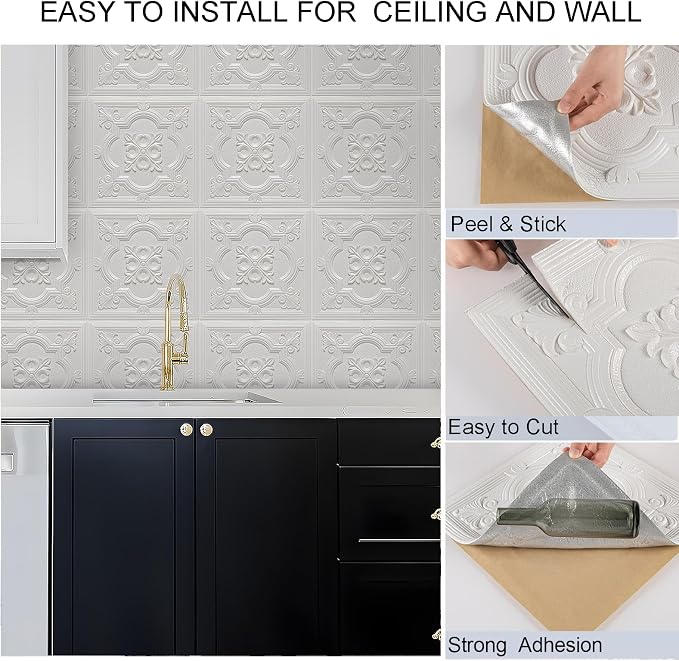 Ceiling Tiles Peel and Stick Foam, 3D Wall Panels 16 Pcs Covered 21 Sq.Ft | Peel and Stick Floral Look, Easy to Install and Cut for Ceiling and Interior Wall Decor, Plain White（13.8 x 13.8 inch） - Image 2