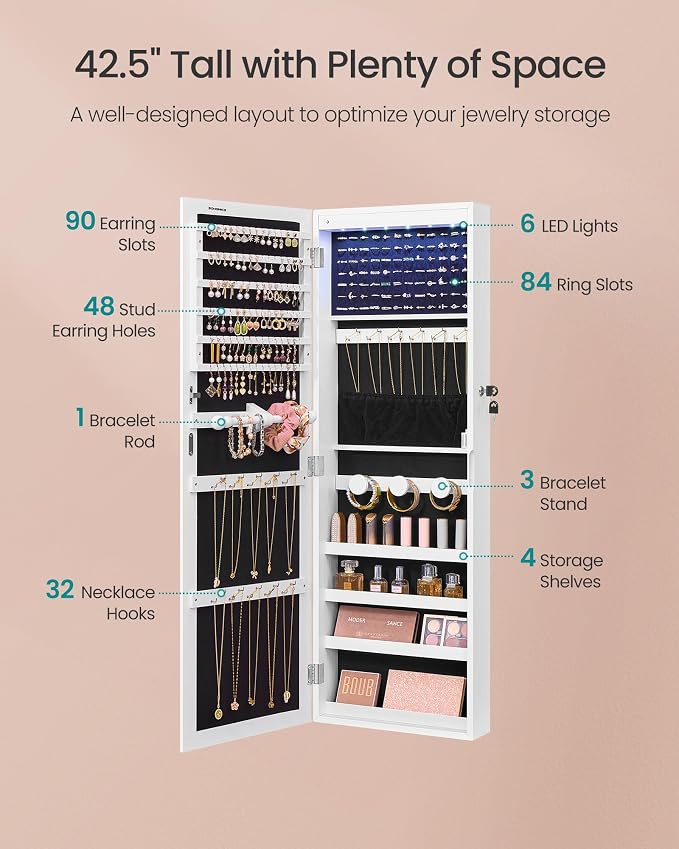 SONGMICS Jewelry Cabinet, Wall or Door Mounted Armoire, 6 LED Lights - Image 5