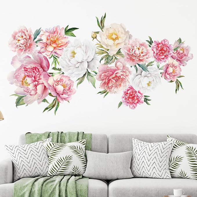 Zonon 6 Pcs Flower Wall Decals Peel and Stick Sticker, Colorful Peony | Vinyl Removable Wall Stickers & Murals, Watercolor Pink Peony Wall Decals, Colorful Floral Decor for Bedroom, Living Room by Zonon