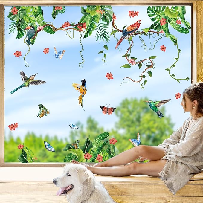 Tropical Green Leaves Window Decals Summer Hanging Vines Stickers for Glass | Anti collision for bird collision, double-sided, reusable,removable, peel and stick, for living room kitchen bathroom door - Image 4