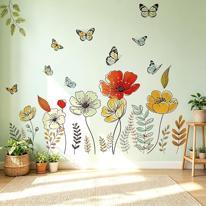 Boho Floral Flowers Wall Decals, Wildflower Butterfly Plants Wall Stickers | Rustic bohemia flowers leaves peel and stick wall decor, removable vinyl wall art mural decoration for bedroom living room by VePret