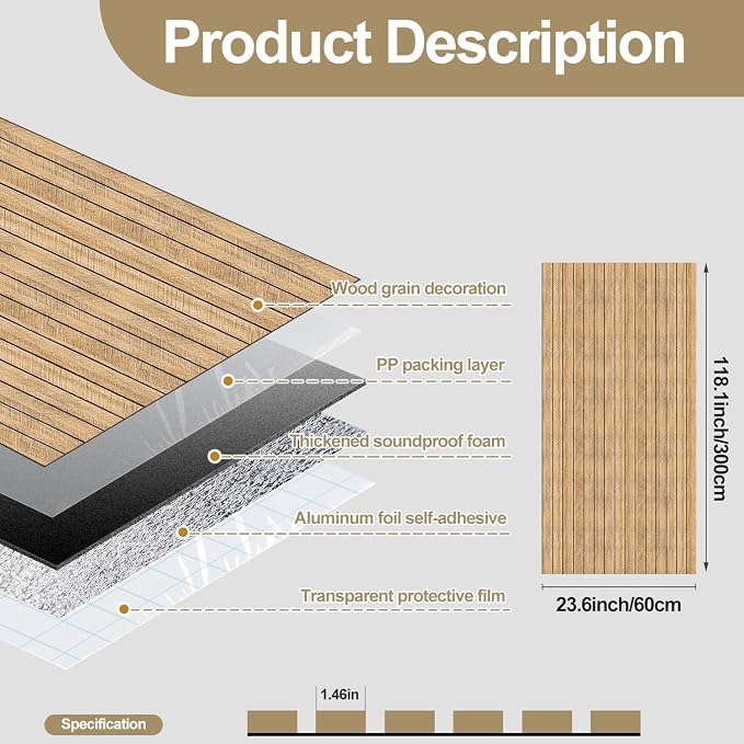 Chejiaye Peel and Stick 3D Wall Panel -23.6"x118"Soundproof Self-Adhesive Wall Sticker, Removable Thick PVC Slat Contact Paper for Kitchen Bedroom,Ceiling Wall Decoration Wood Grain (Dark Brown) - Image 4