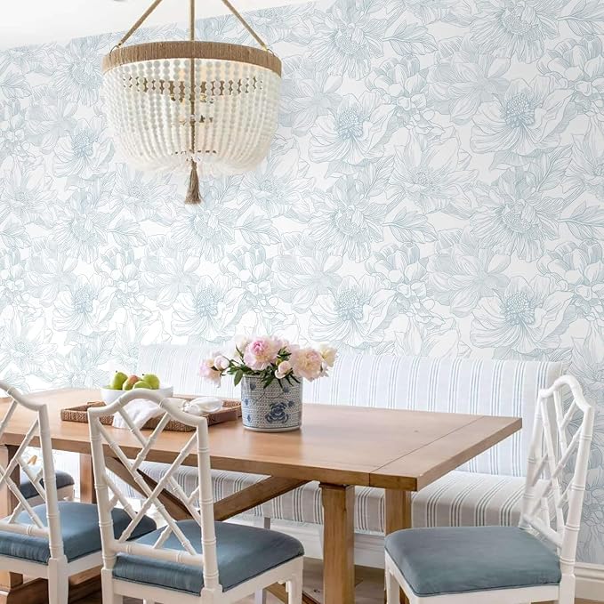 Ismoon Large Floral Peel and Stick Wallpaper Boho White and Blue Contact Paper 17.3inx6.5ft Modern Wall Paper Removable Self Adhesive Vinyl Wallpaper for Bedroom Cabinet Waterproof Mural Wall Decor - Image 5