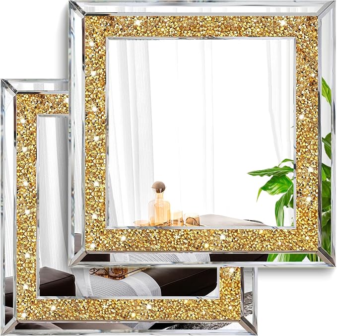 2 Piece Wall Mirrors, Crush Diamond Wall Decor, Gold Color Decorative Mirrors for Living Room, Bedroom, Bathroom. (12'x12') by XIHACTY