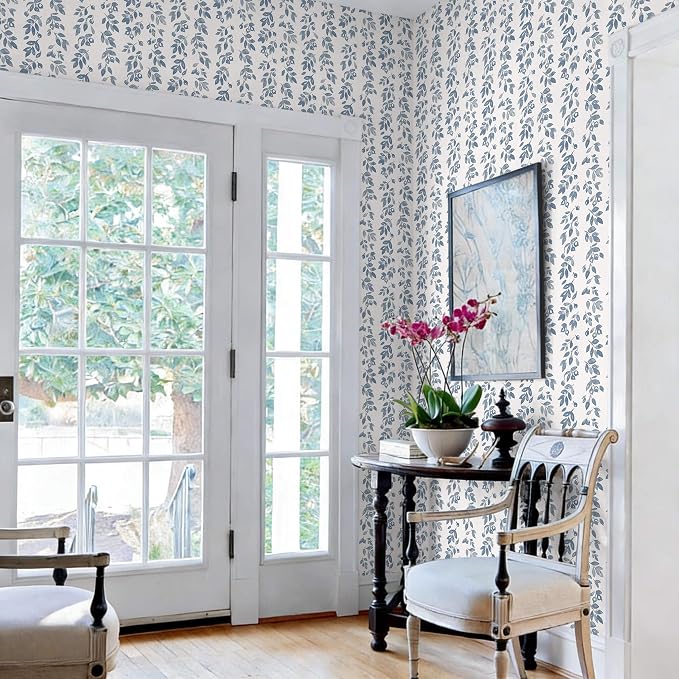 Heroad 17.3''x196'' Blue Wallpaper Vintage Peel and Stick Wallpaper Leaf Contact Paper Cottage Core Wall Paper Self Adhesive Removable Wallpaper for Bathroom Bedroom Kitchen Watercolor Decor Vinyl - Image 5