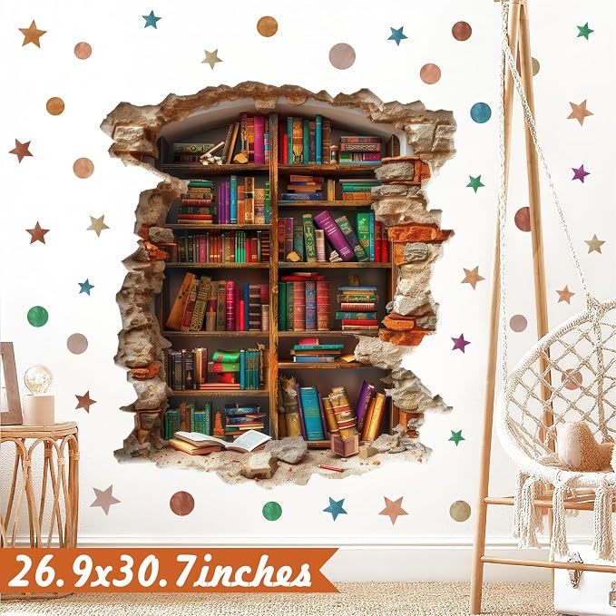 Vintage Read Book Wall Stickers 3D Broken Wall Library Decal Peel and Stick | Reading room art murals, read sign, removable vinyl wallpaper, bookshelf bookcase decoration, for school classroom home decor - Image 8