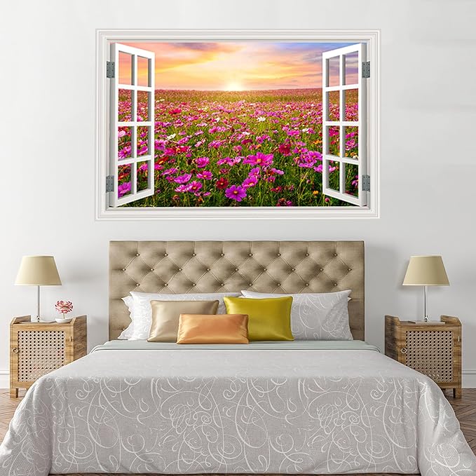 Fake Window Wall Sticker- Sunrise Pink Flower Garden Open Wall Art Decal | Faux Window Natural Scenery Landscape Mural｜ Stick and Peel Wall Decals｜for Room Bedroom Office Decor｜48"x32",Set of 2 Sheets - Image 6
