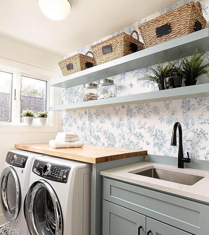 Froluya Cream White and Blue Peel and Stick Wallpaper Floral Contact Paper | 17.7in×590.5in Blue Floral Wallpaper Peel and Stick Vintage Flower Bird Self Adhesive Removable Wall Paper for Bathroom Vinyl - Image 3