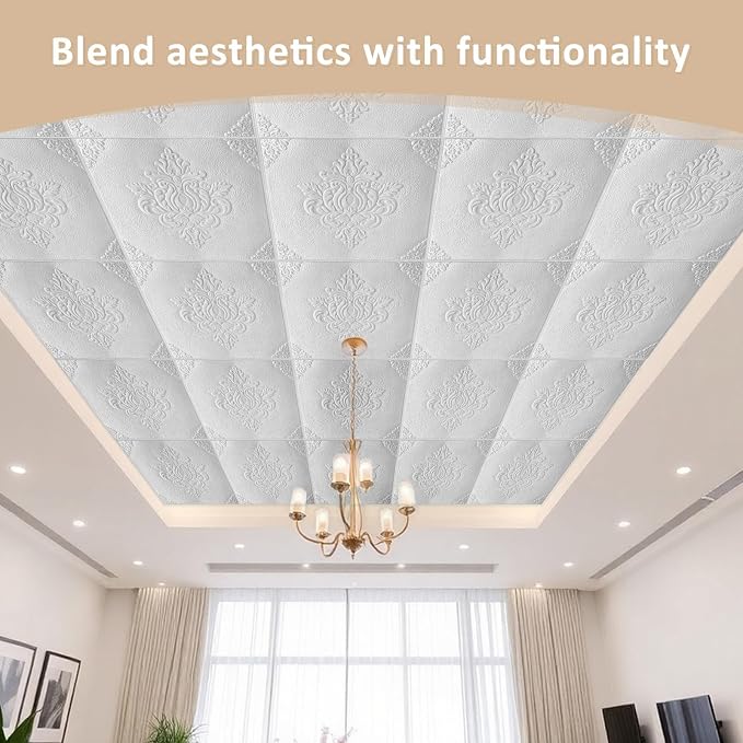 Nuanchu 40 Pcs 13.8 x 13.8 Inch Ceiling Tiles Peel and Stick, Retro | Foam White 3D Wall Panels 26-105.5 Sq. ft Adhesive Glue up Waterproof Wallpaper for DIY Office Home - Image 6