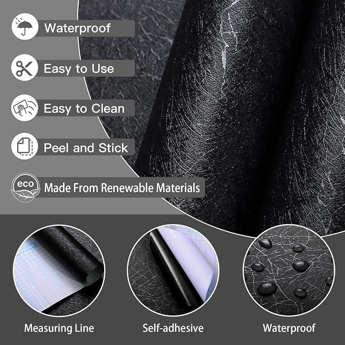 Safiyya 17.3 inch X 393 inch Peel and Stick Wallpaper Black Silk Textured Wallpaper Modern Solid Color Wall Paper Removable Contact Paper for Walls Vinyl Rolls - Image 2