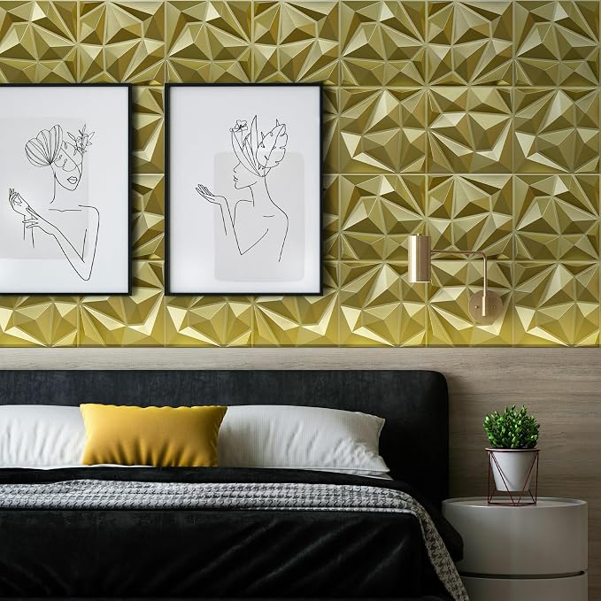 LEVOWAY 33 Pack Decorative 3D Wall Panels for Interior Wall Decor | 12''x12'' Champaign Gold Diamond Design Accent Wall Panles for Living Room,TV Wall Background,Bedroom - Image 3