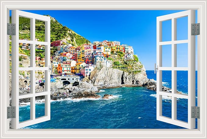 Self-Adhesive Wall Sticker Romantic Living Room Bedroom Study Office Decorative Wall Sticker Ocean Scenery Fake Window Sticker Mural (sea City, 23.6"×35.4") by THNWSY
