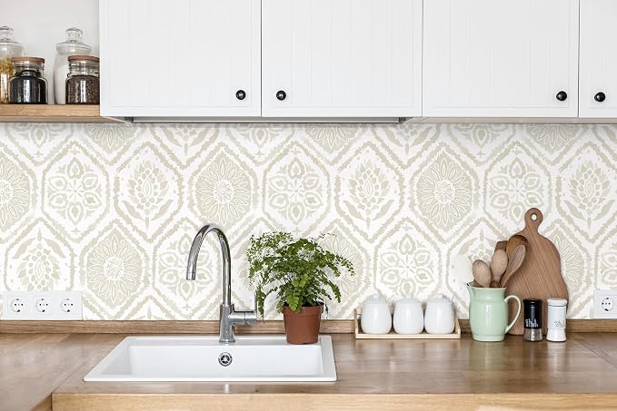 HeloHo Peel and Stick Wallpaper Boho Contact Paper Beige Modern Wall Paper Removable Self Adhesive Geometric Wallpapers for Bedroom Bathroom Cabinet Vinyl Rolls 197"x17.3" - Image 6