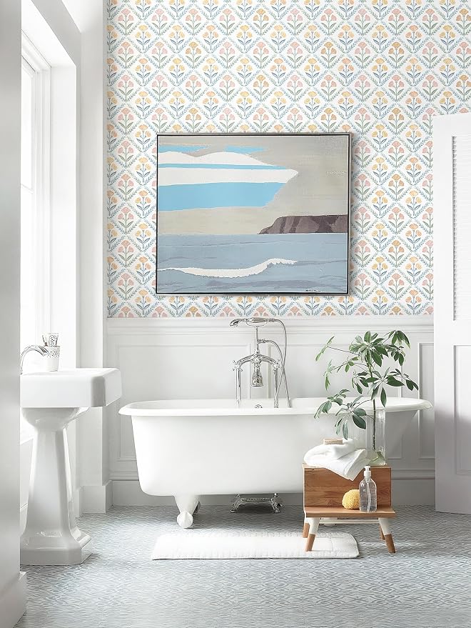 Dimoon 17.3''x393'' Peel and Stick Wallpaper Floral Boho Contact Paper Cute Vintage Village Wallpaper Farmhouse White Blue Renter Friendly Geometry Grid Waterproof Embossed Kitchen Bedroom Vinyl - Image 6