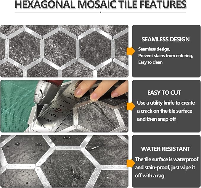 STICKGOO Hexagon Peel and Stick Backsplash Tile, Stick on Backsplash for Kitchen and Bathroom, Black Slate Look PVC Mixed Metal Silver Self Adhesive Wall Tiles(10 Sheets, Seamless) - Image 5