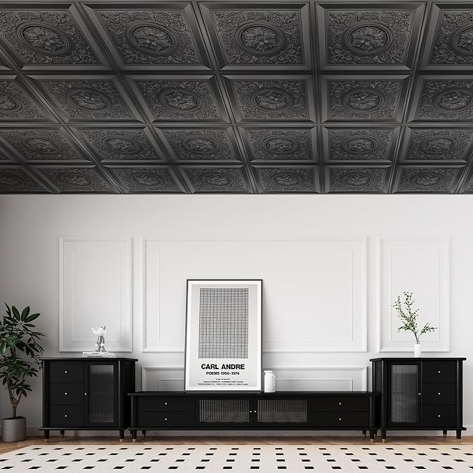 WOWSTAR 24-Pack 24"x24" Drop Ceiling Tiles, Waterproof Glue Up Vintage Style 3D Ceiling Tiles, Black, Wall Art | PVC ceiling panels, 24"x24", waterproof, glue-up install, basement kitchen bathroom, 24-pack - Image 6