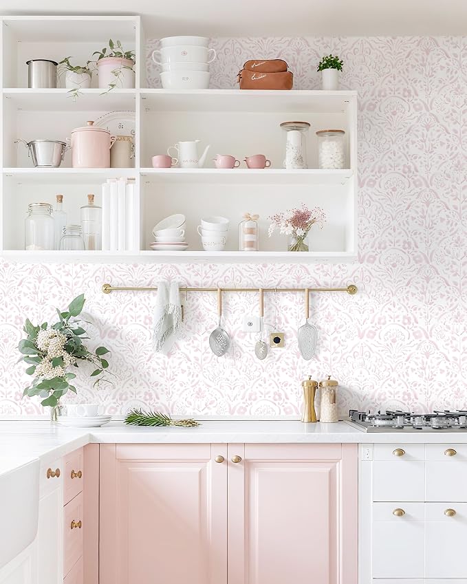 Dimoon Boho Peel and Stick Wallpaper Soft Pink Floral Contact Paper French Flower Wall Paper 78.7''x17.3'' Textured Self Adhesive Watercolor Damask Stick On Wallpaper for Bedroom Bathroom Decor Vinyl - Image 2