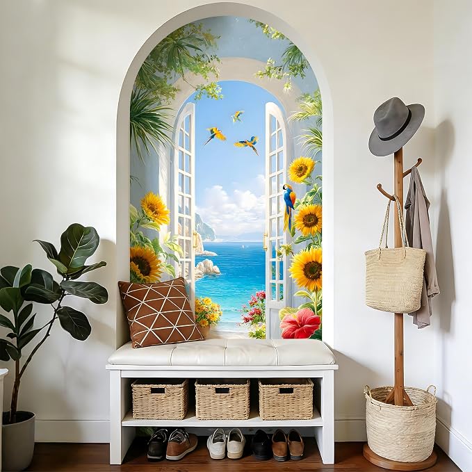 Arch Wall Decals Peel and Stick, Large Wall Stickers, Removable Home Decor Art Wallpaper for Bedroom Living Room, Floral Pattern, 71'' 31.7'' - Image 3