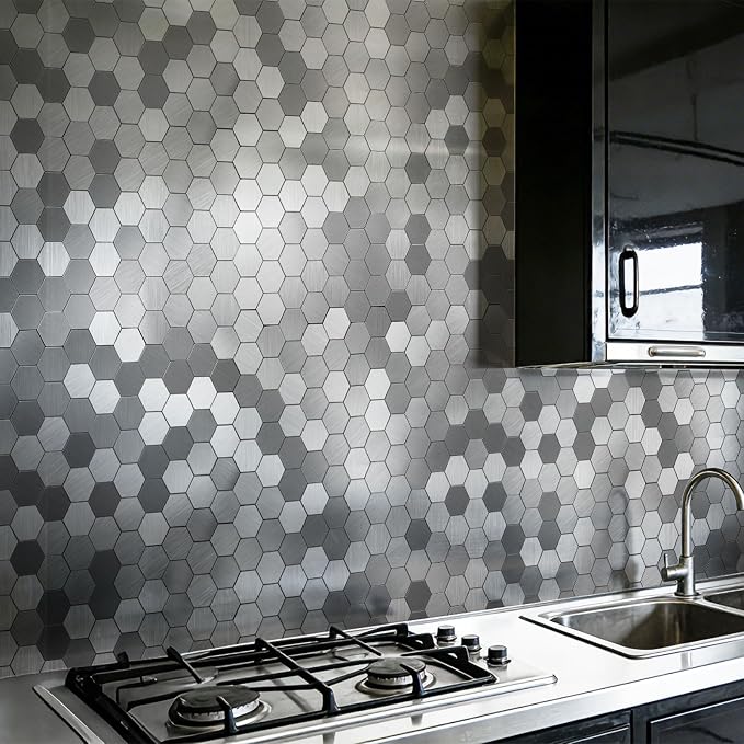 Art3d 10-Pack Metal Peel and Stick Backsplash Tile, Silver Hexagon | 12" x 12", Stainless Steel, Self Adhesive, Anti-Corrosion, Waterproof, Lightweight, Ideal for Kitchens, Bathrooms - Image 2