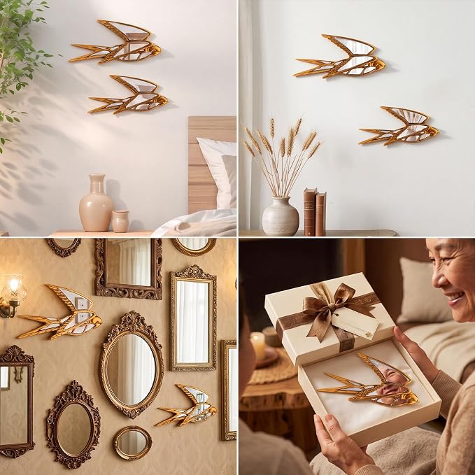 Fumete 2 Pcs Wild Goose Mirror Wall Decor Vintage Gold Resin Insect Art Decorative Wall Mirror Retro Hanging Bug Animal Glass Mirrors Garden Nature Gift for Summer Wedding Home Accent Housewarming - Image 6
