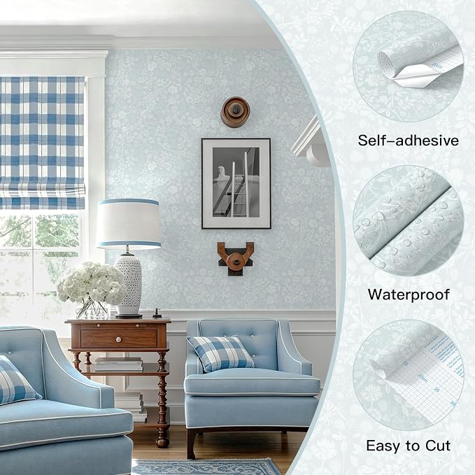 Guvana Blue and White Peel and Stick Wallpaper Floral Wallpaper Slef Adhesive Removable Waterproof Contact Paper Boho Wall Paper for Living Room Bedroom Bedroom Bathroom Kitchen 17.3“×197” - Image 2