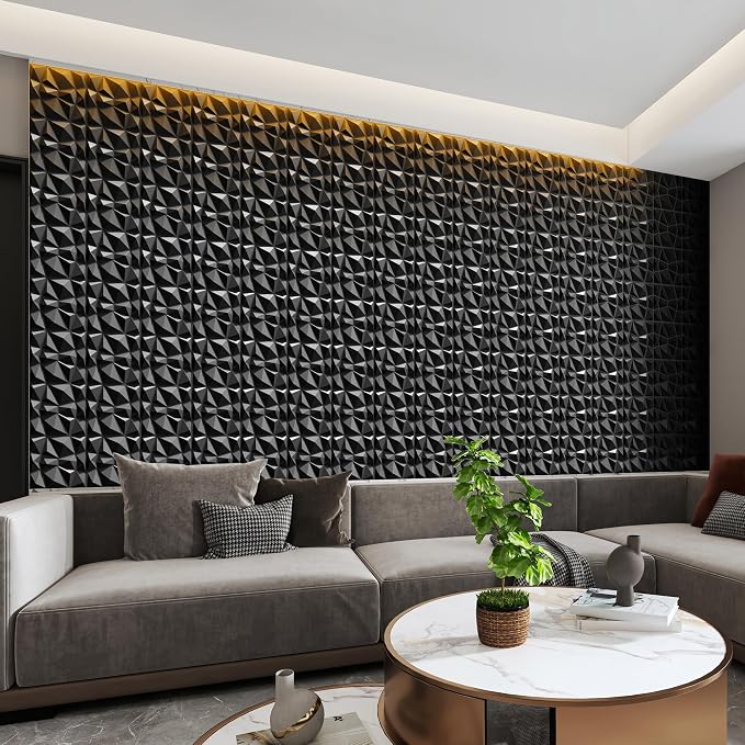 INMOZATA 3D Wall Panels, Diamond Textured PVC Accent Wall Panels | 33-Pack 12" x 12" PVC Decorative Wall Panels for Interior Wall Decor, TV Gaming Living Room, Bedroom Background, Black - Image 8