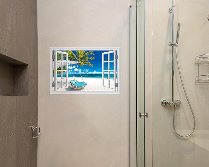 FLFK Fake Window Wall Decal, Tropical Beach Paradise with Turquoise Ocean, White Frame, Peel and Stick, 24 x 16 Inches,for Living Rooms, bedrooms, and Offices - Image 6