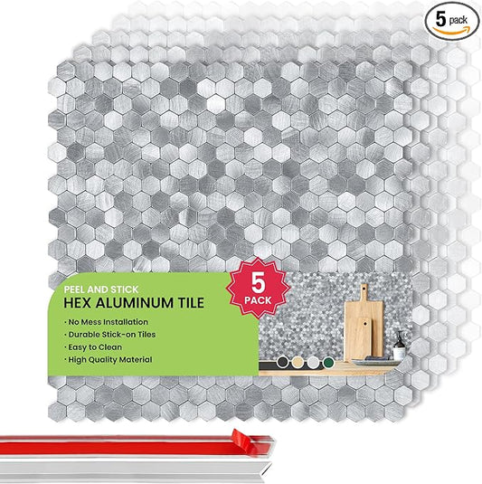 Select 5 Pack Hexagon Peel and Stick Backsplash Tiles, Brushed Nickel | Self Adhesive Metal Backsplash Stick On Aluminum Tiles for Kitchen Bathroom, 12” x 12” Wall Tiles w/10 Edge Pieces by selectlighting