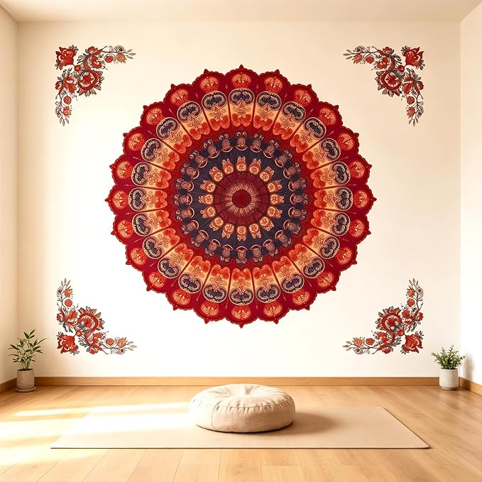 Vintage Boho Red Mandala Wall Decals, Floral Flowers Wall Stickers | Flowers bohemia‌ indian symmetric peel and stick wall decor, removable vinyl wall art mural for bedroom living room classroom by VePret