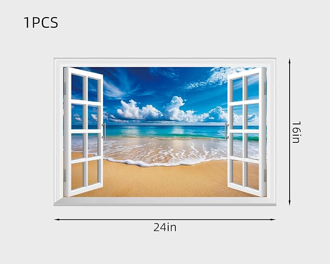 FLFK Fake Window Wall Decal - Ocean Beach Faux Window Wall Mural for Wall Decor, Peel and Stick Wall Sticker,24"x16" - Image 2