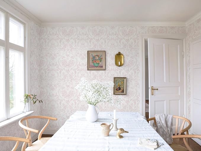 Peel and Stick Wallpaper for Bedroom Pink Damask Floral Self-Adhesive | 393"×17.3" White & Pink Vintage Scroll Removable Waterproof Vinyl Wall Decor for Bathroom, Nursery, Furniture Refinish - Image 6