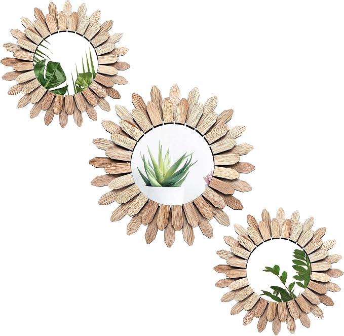 Fourluoo 3 Pack Boho Wall Decor Mirror Wood Sunburst Mirror Rustic Farmhouse Wall Art Decor for Room Home Living Room Bedroom Entryway by Fourluoo