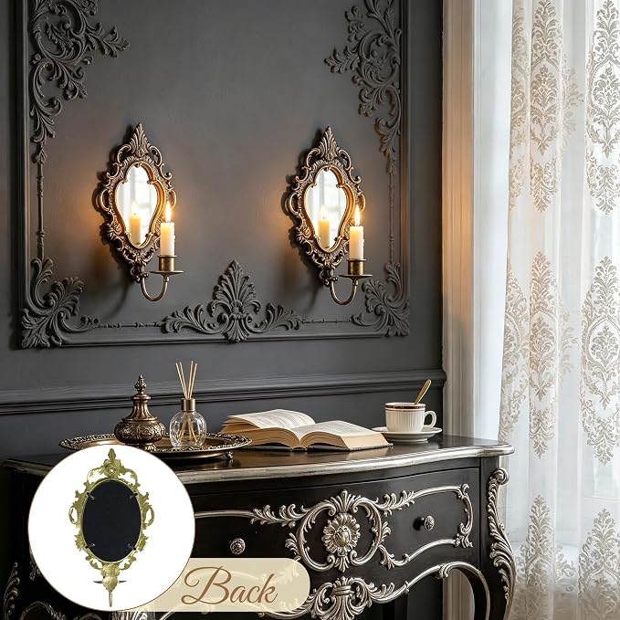 SOFFEE DESIGN Set of 2 Antique Gold Wall Sconces, Vintage Candle Holder with Distressed Mirror & Ornate Frame, for Taper Candles in Bedroom Hallway Decor - Image 6