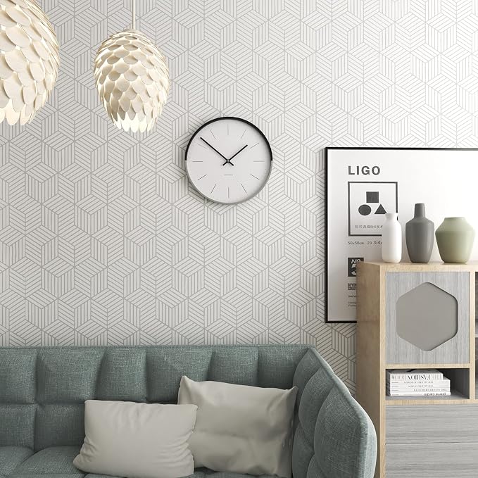 MelunMer White and Silver Peel and Stick Wallpaper Modern 17.7”×393” | Sliver Stripe Wallpaper Self Adhesive Removable Wallpaper Geometric Pattern Hexagon Wallpaper Shelf Drawer Liner Vinyl Film - Image 2